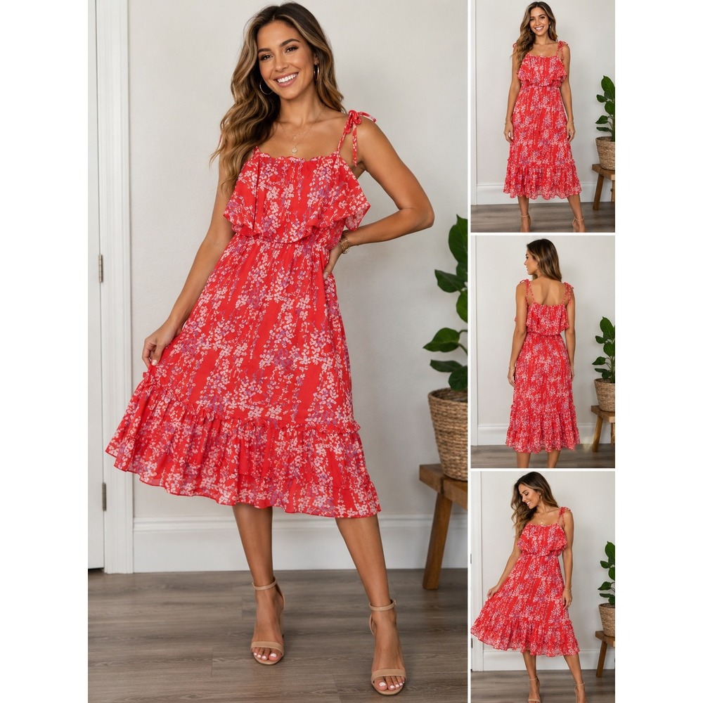 Saints + Secrets Red Floral Tiered Ruffle Midi Dress Small Tie Shoulder Boho